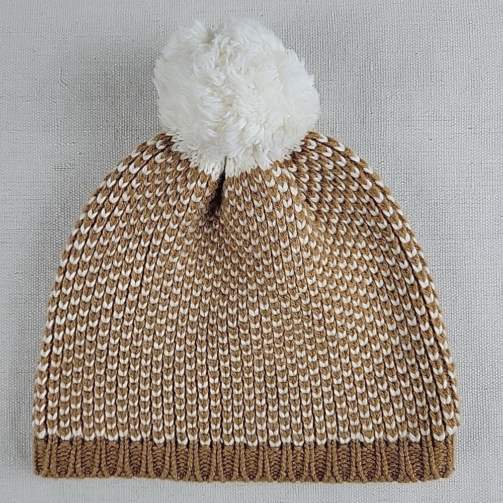 J.Crew Knit Pom Beanie Hat Brown Cream Wool Blend Winter One Size